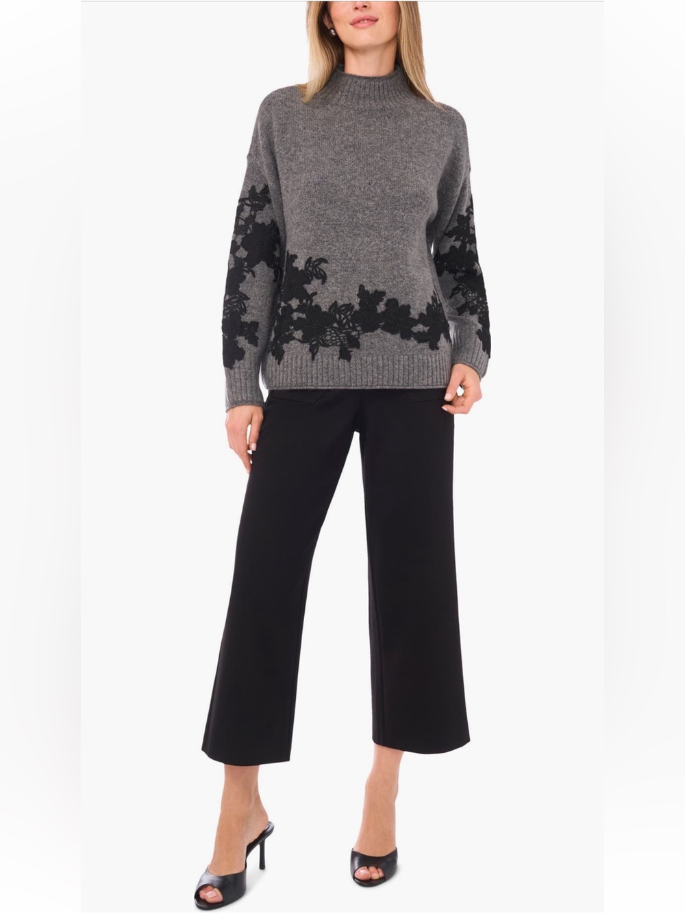 Vince Camuto Floral Appliqué Mock Neck Sweater gray and black medium NWT